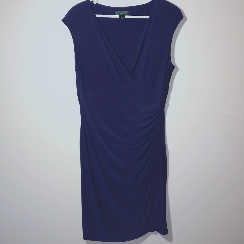 Lauren Ralph Lauren Faux Wrap V-Neck Ruched Side Cap Sleeve Dress Navy Blue 14